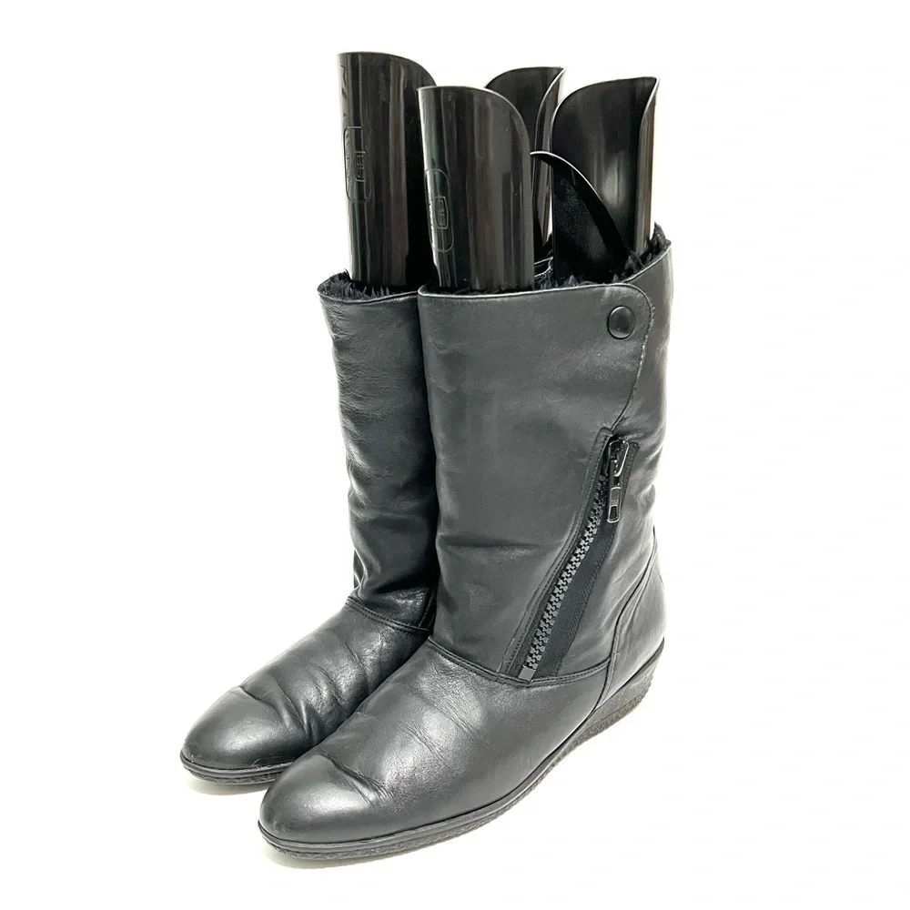 Vintage 1980s black leather side zip snap top faux fur lined snow boots